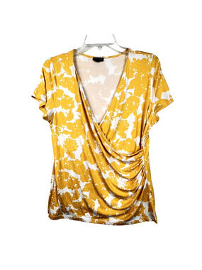 Talbots Petite Faux Wrap Top Women's Medium Petite Yellow Knit V-Neck Work